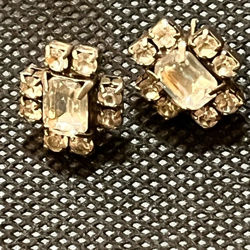 Vintage Clear Crystal Emerald Cut Rhinestone Pierced Stud Earrings MCM Retro